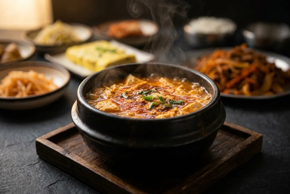 국물 요리를 45도에서, 뒤쪽 빛으로 잡은 예